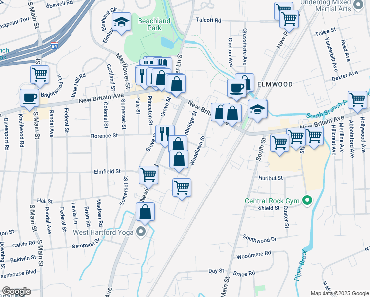 map of restaurants, bars, coffee shops, grocery stores, and more near 94 Cambridge Street in West Hartford
