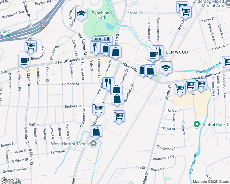map of restaurants, bars, coffee shops, grocery stores, and more near 94 Cambridge Street in West Hartford