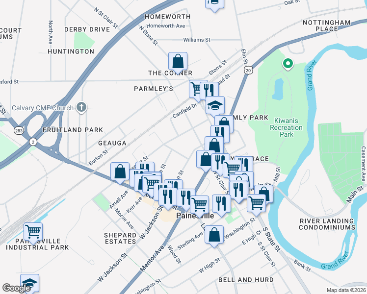 map of restaurants, bars, coffee shops, grocery stores, and more near 190 East Jackson Street in Painesville