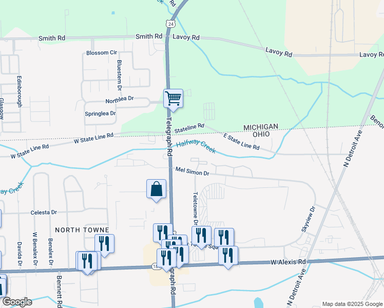 map of restaurants, bars, coffee shops, grocery stores, and more near 117 Mel Simon Drive in Toledo
