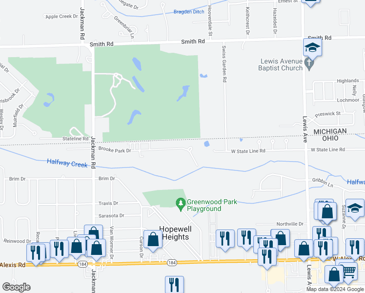 map of restaurants, bars, coffee shops, grocery stores, and more near 1333 Brooke Park Drive in Toledo