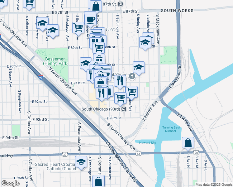 map of restaurants, bars, coffee shops, grocery stores, and more near 3054 East 92nd Street in Chicago
