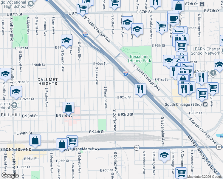 map of restaurants, bars, coffee shops, grocery stores, and more near 9152 South Colfax Avenue in Chicago