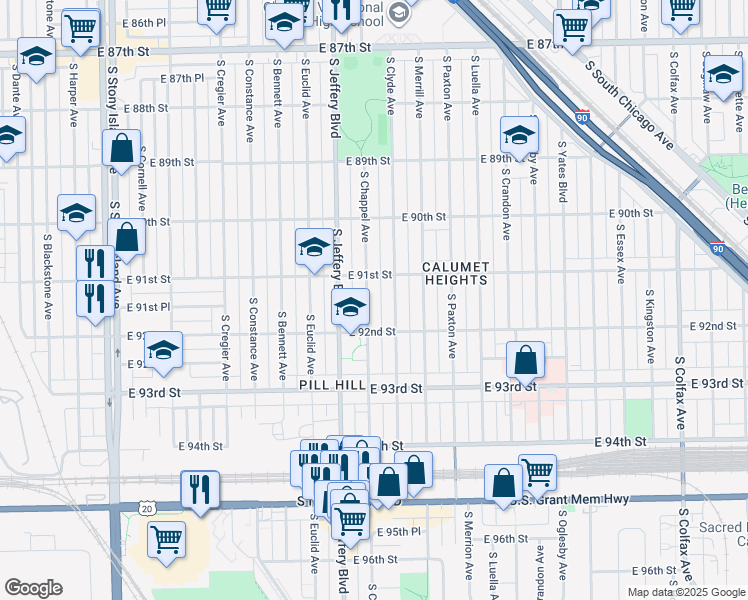 map of restaurants, bars, coffee shops, grocery stores, and more near 9142 South Chappel Avenue in Chicago