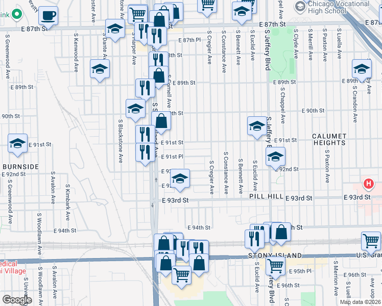 map of restaurants, bars, coffee shops, grocery stores, and more near 1717 East 91st Place in Chicago