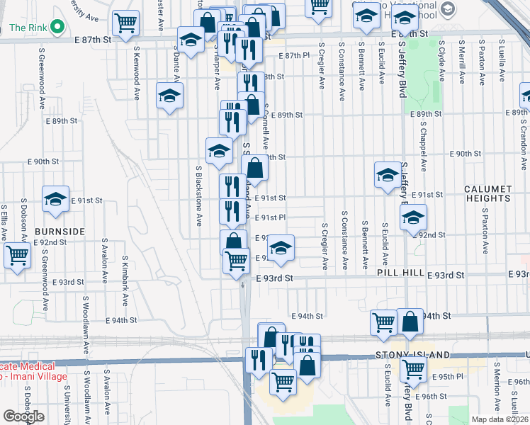 map of restaurants, bars, coffee shops, grocery stores, and more near 1637 East 91st Place in Chicago