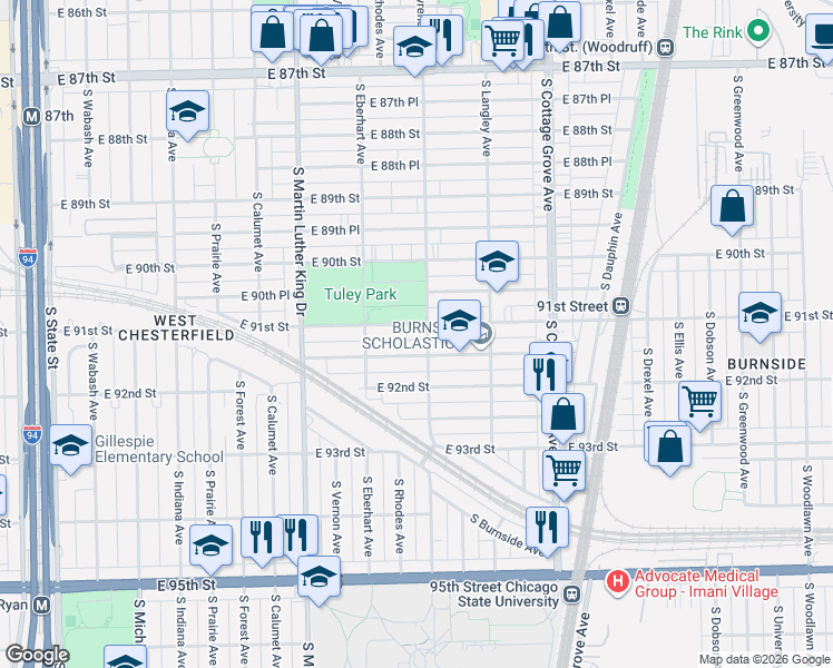 map of restaurants, bars, coffee shops, grocery stores, and more near 534 East 91st Place in Chicago
