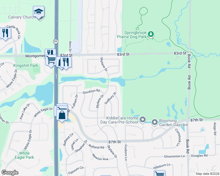 map of restaurants, bars, coffee shops, grocery stores, and more near 2016 Skylane Drive in Naperville