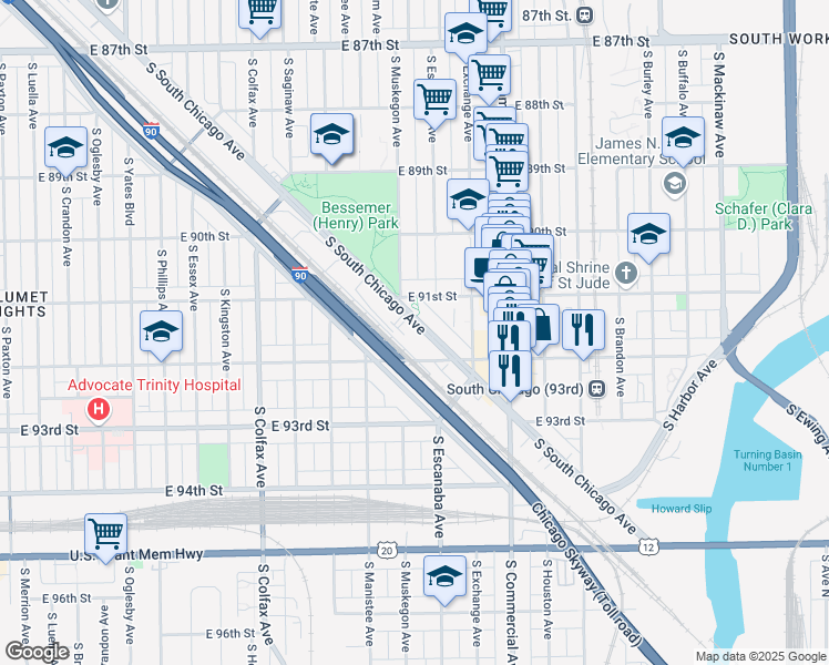 map of restaurants, bars, coffee shops, grocery stores, and more near 9142 South South Chicago Avenue in Chicago