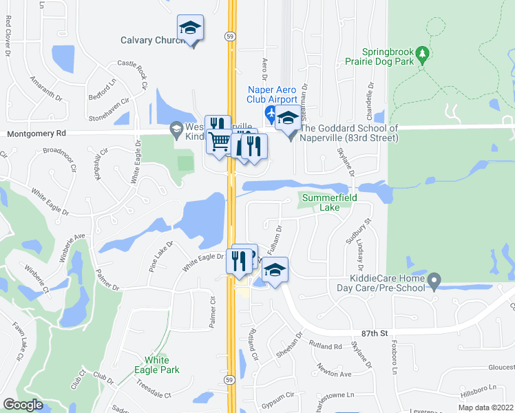 map of restaurants, bars, coffee shops, grocery stores, and more near 2940 Kentshire Circle in Naperville