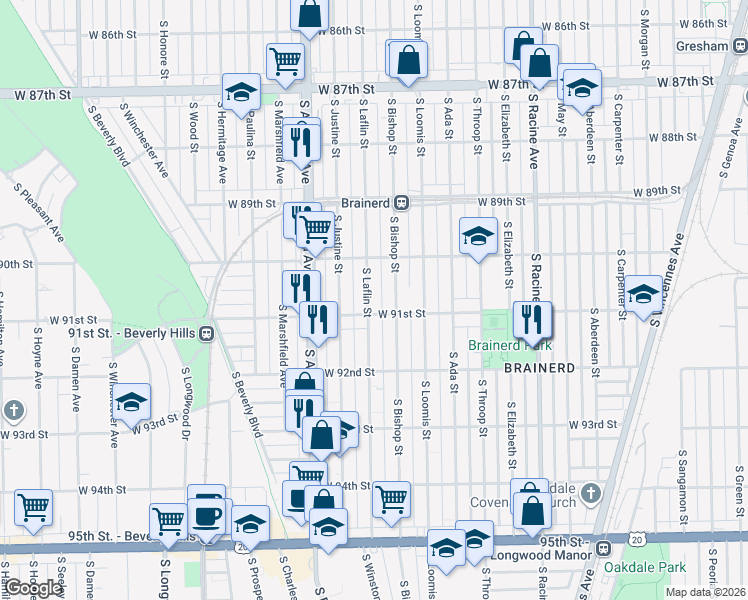 map of restaurants, bars, coffee shops, grocery stores, and more near 9045 South Laflin Street in Chicago
