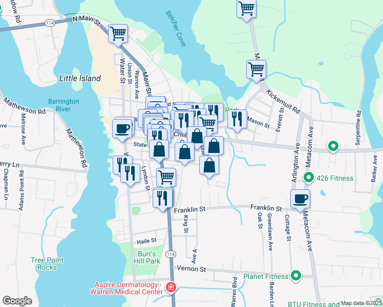 map of restaurants, bars, coffee shops, grocery stores, and more near 36 Croade Street in Warren