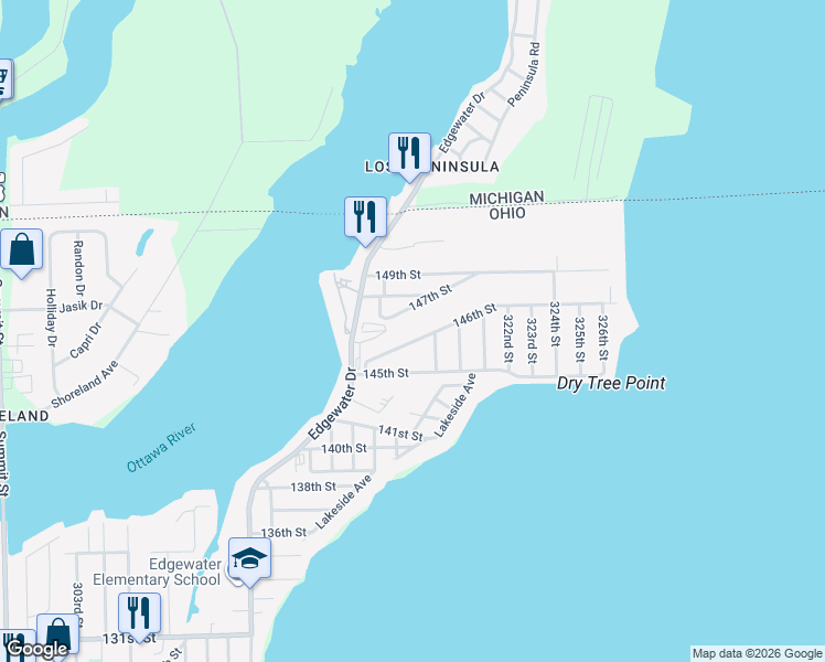 map of restaurants, bars, coffee shops, grocery stores, and more near 6023 319th Street in Toledo
