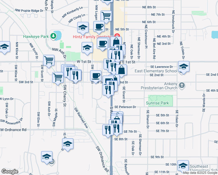 map of restaurants, bars, coffee shops, grocery stores, and more near 321 Southwest Logan Street in Ankeny