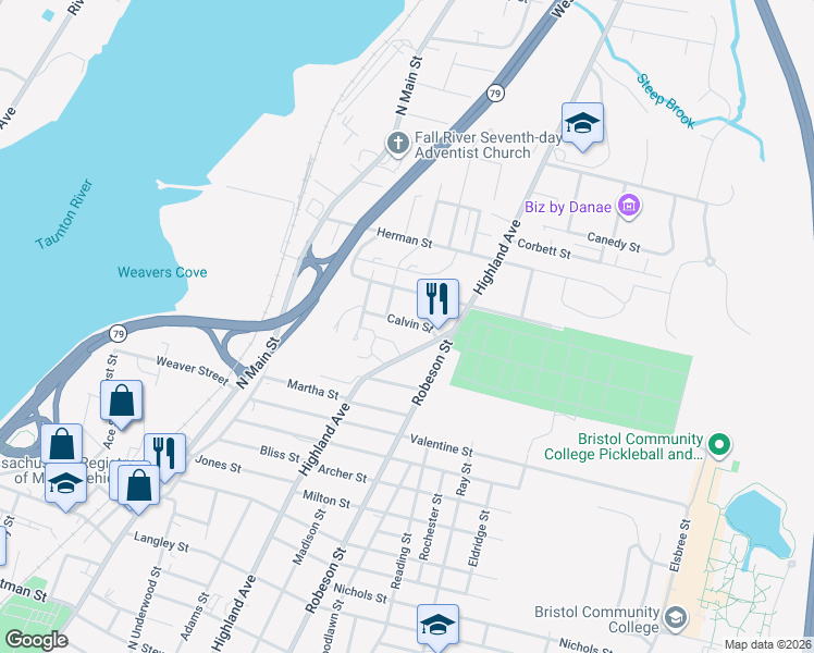map of restaurants, bars, coffee shops, grocery stores, and more near 1886 Highland Avenue in Fall River
