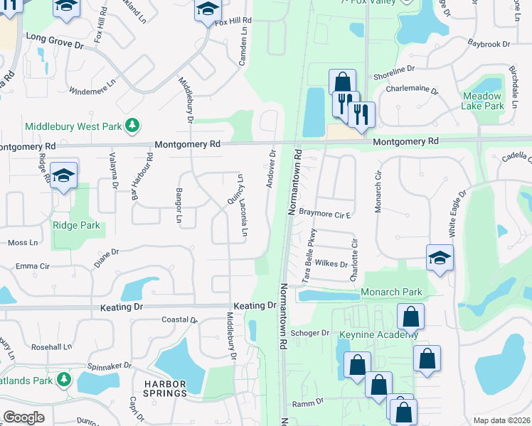 map of restaurants, bars, coffee shops, grocery stores, and more near 1441 Andover Drive in Aurora