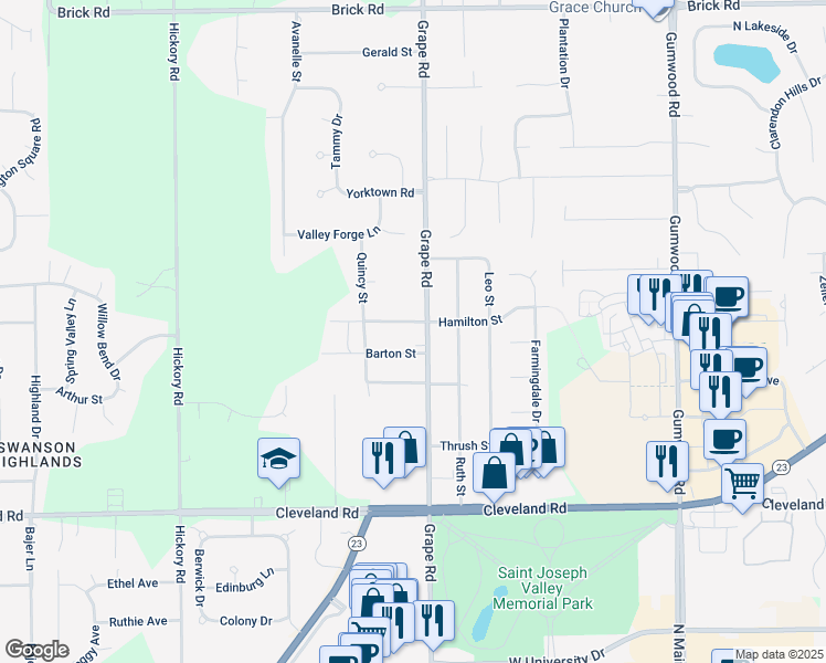 map of restaurants, bars, coffee shops, grocery stores, and more near 16501-16697 Barton Street in Granger