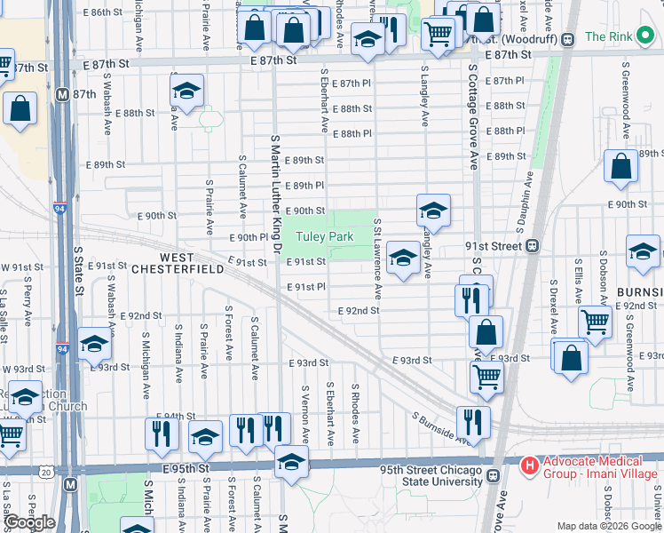 map of restaurants, bars, coffee shops, grocery stores, and more near 501 East 91st Street in Chicago