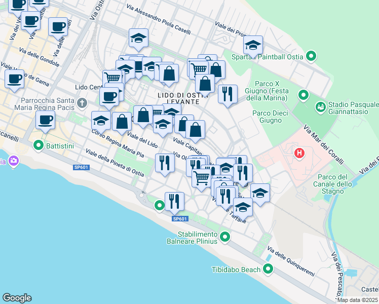 map of restaurants, bars, coffee shops, grocery stores, and more near Via Oletta in Lido di Ostia