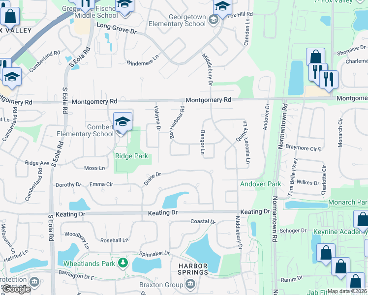 map of restaurants, bars, coffee shops, grocery stores, and more near 2865 Bridgeport Lane in Aurora