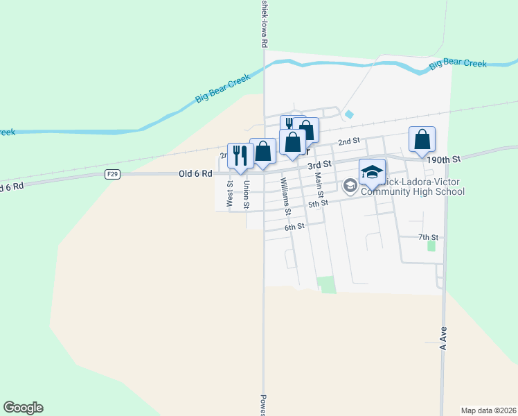 map of restaurants, bars, coffee shops, grocery stores, and more near Poweshiek-Iowa Road in Victor