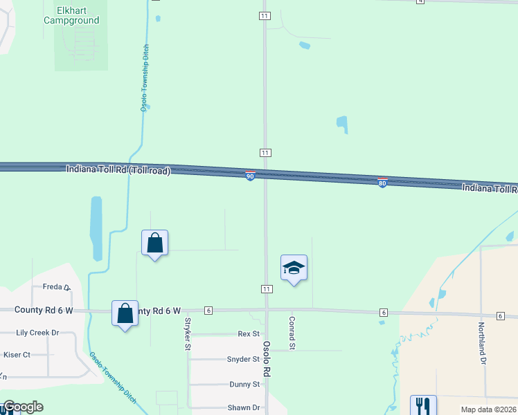map of restaurants, bars, coffee shops, grocery stores, and more near 52711 County Road 11 in Elkhart