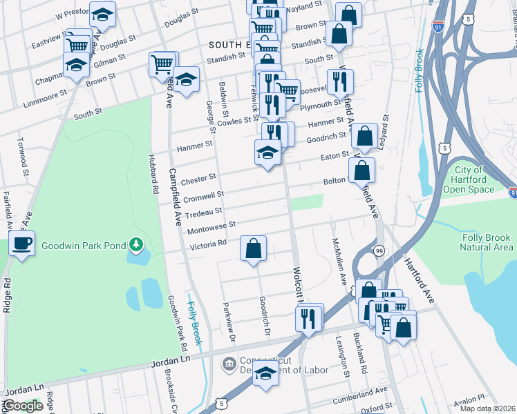 map of restaurants, bars, coffee shops, grocery stores, and more near 37 Tredeau Street in Hartford