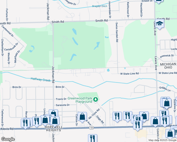 map of restaurants, bars, coffee shops, grocery stores, and more near 1422 Brooke Park Drive in Toledo