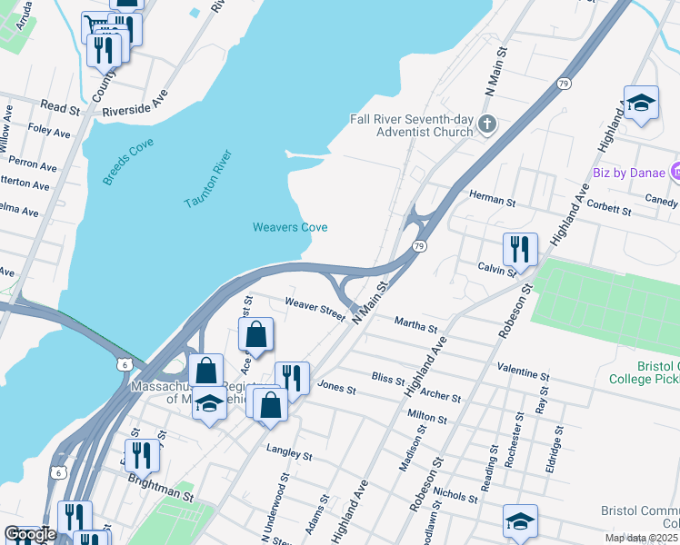 map of restaurants, bars, coffee shops, grocery stores, and more near Western Fall River Expressway in Fall River