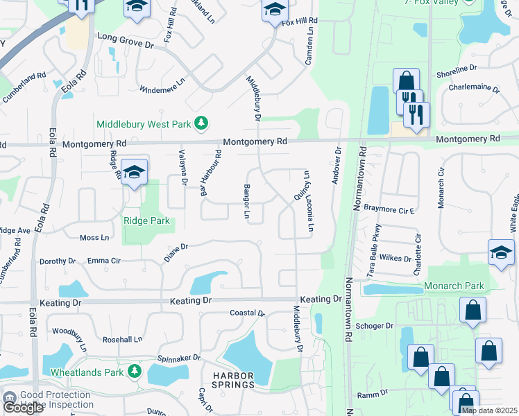map of restaurants, bars, coffee shops, grocery stores, and more near 3060 Bangor Lane in Aurora