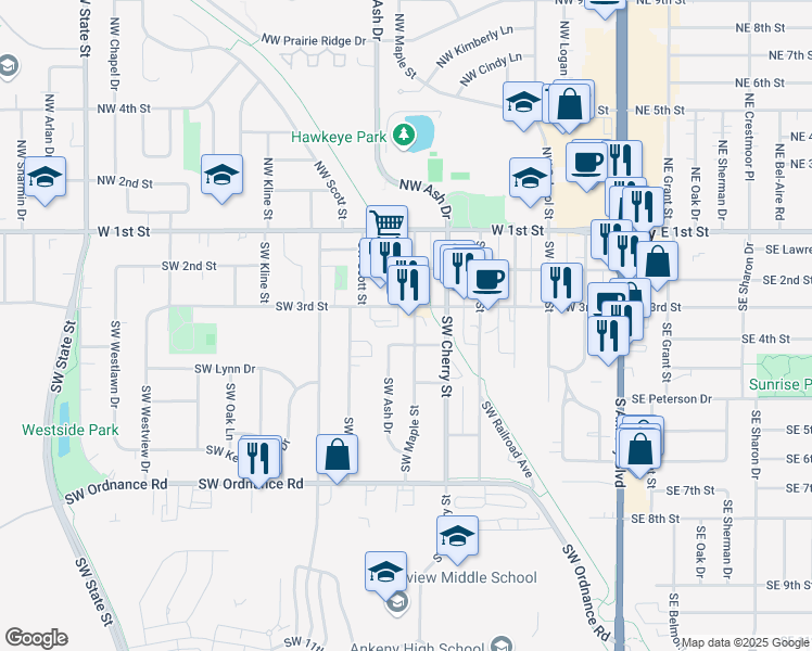 map of restaurants, bars, coffee shops, grocery stores, and more near 704 Southwest 4th Street in Ankeny
