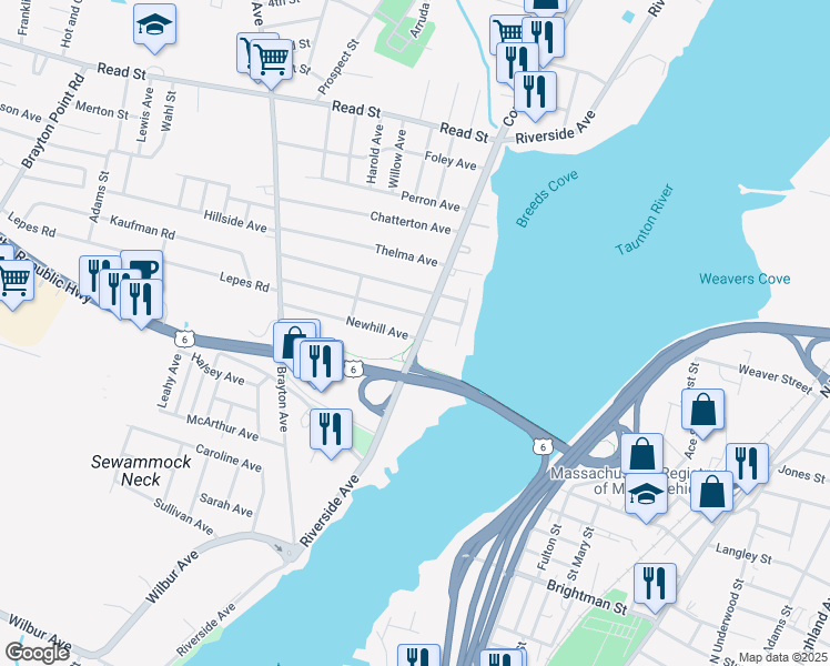 map of restaurants, bars, coffee shops, grocery stores, and more near 995 Riverside Avenue in Somerset