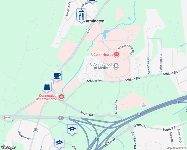 map of restaurants, bars, coffee shops, grocery stores, and more near 1 Barnes Hill Road in Farmington