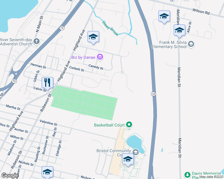 map of restaurants, bars, coffee shops, grocery stores, and more near 8 Lucille Lane in Fall River