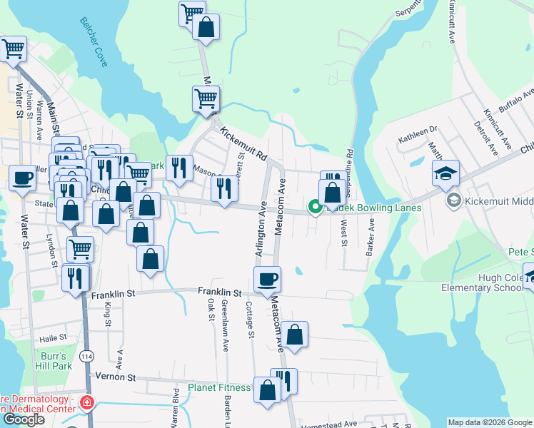 map of restaurants, bars, coffee shops, grocery stores, and more near 87 Arlington Avenue in Warren