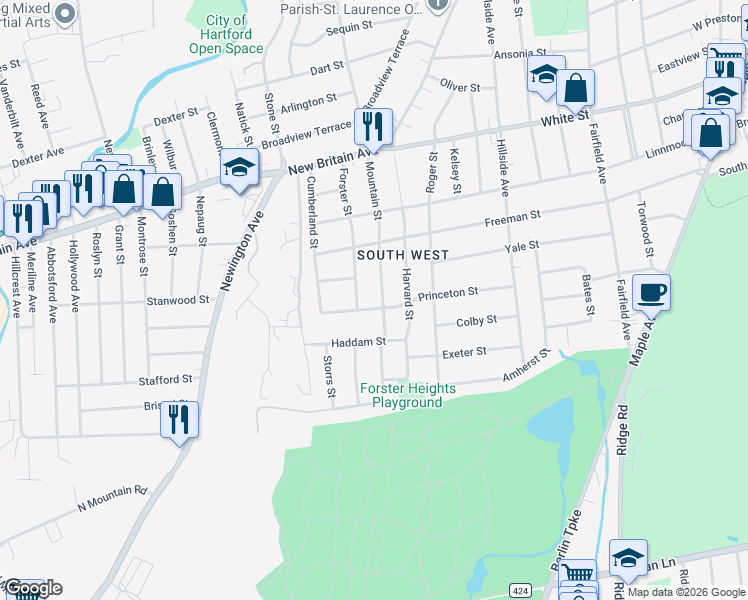 map of restaurants, bars, coffee shops, grocery stores, and more near 245 Princeton Street in Hartford