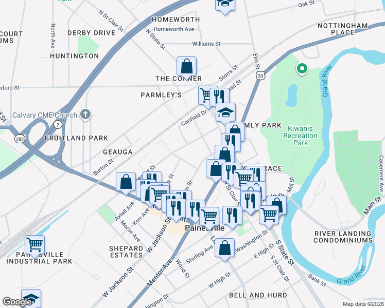 map of restaurants, bars, coffee shops, grocery stores, and more near 190 East Jackson Street in Painesville