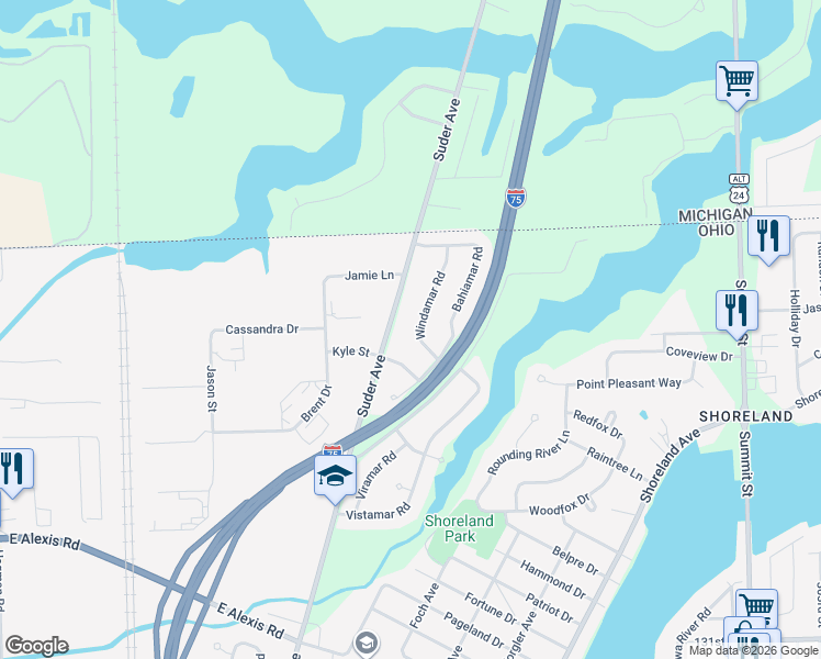 map of restaurants, bars, coffee shops, grocery stores, and more near 2215 Rosemar Rd in Toledo