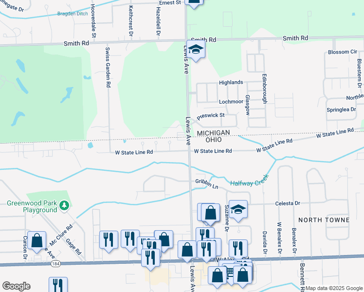 map of restaurants, bars, coffee shops, grocery stores, and more near 1031 West State Line Road in Toledo