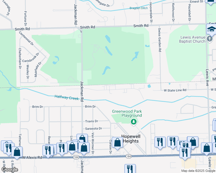 map of restaurants, bars, coffee shops, grocery stores, and more near 1521 Brooke Park Drive in Toledo