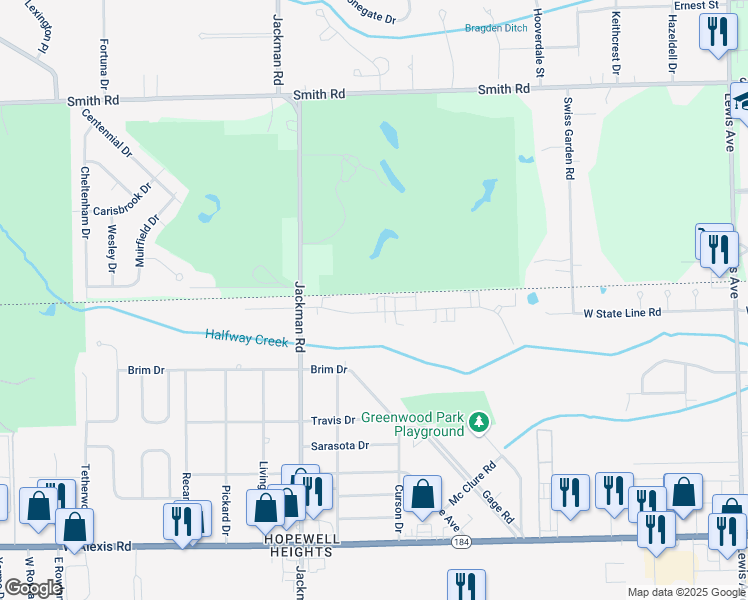 map of restaurants, bars, coffee shops, grocery stores, and more near 1561 Brooke Park Drive in Toledo