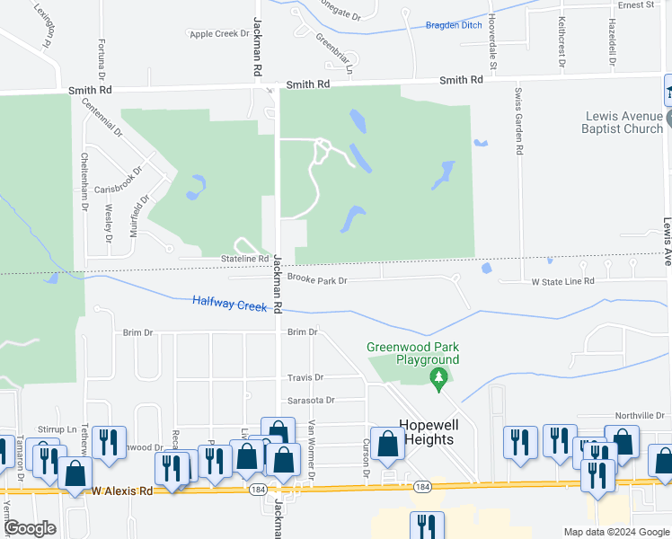 map of restaurants, bars, coffee shops, grocery stores, and more near 1561 Brooke Park Drive in Toledo