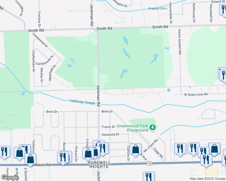 map of restaurants, bars, coffee shops, grocery stores, and more near 1561 Brooke Park Drive in Toledo