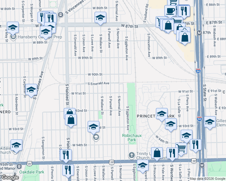 map of restaurants, bars, coffee shops, grocery stores, and more near 9110 South Parnell Avenue in Chicago