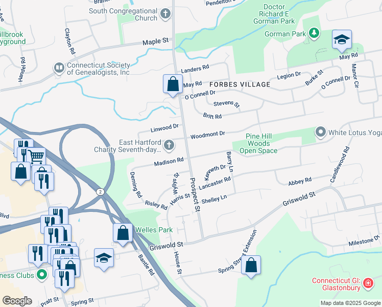 map of restaurants, bars, coffee shops, grocery stores, and more near 18 Long Hill Drive in Glastonbury