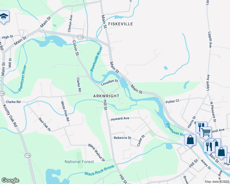 map of restaurants, bars, coffee shops, grocery stores, and more near 21 Pierce Street in Coventry