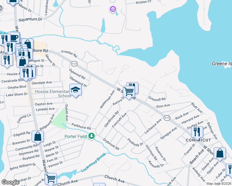 map of restaurants, bars, coffee shops, grocery stores, and more near 43 Aurora Drive in Warwick