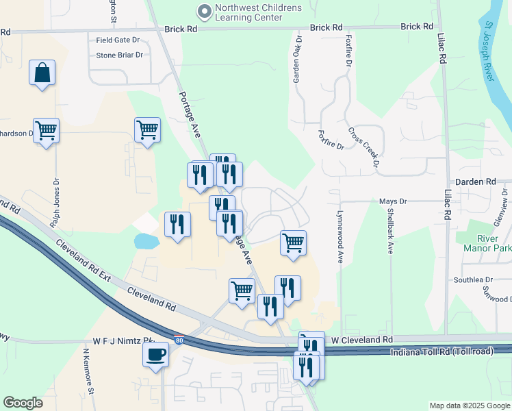 map of restaurants, bars, coffee shops, grocery stores, and more near 2701 Appaloosa Lane in South Bend