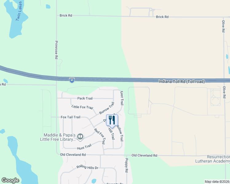 map of restaurants, bars, coffee shops, grocery stores, and more near Burrow Trail in South Bend