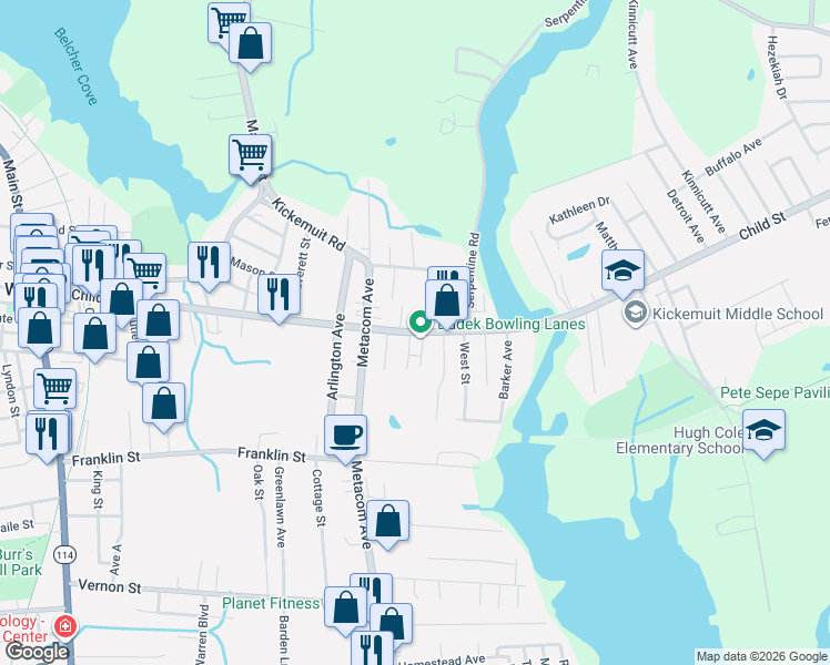 map of restaurants, bars, coffee shops, grocery stores, and more near 407 Child Street in Warren